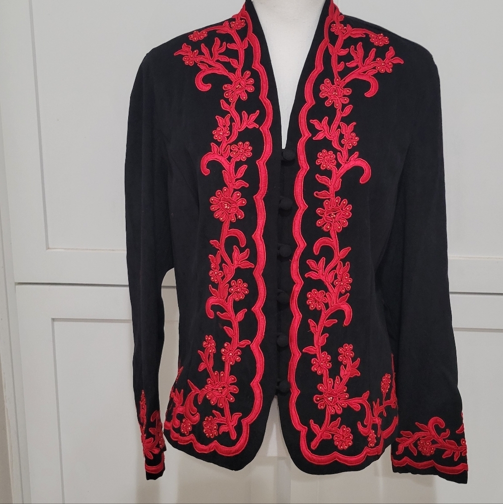 Sarah Elizabeth Fitted Black Jacket with Red Embroidery | Size 14